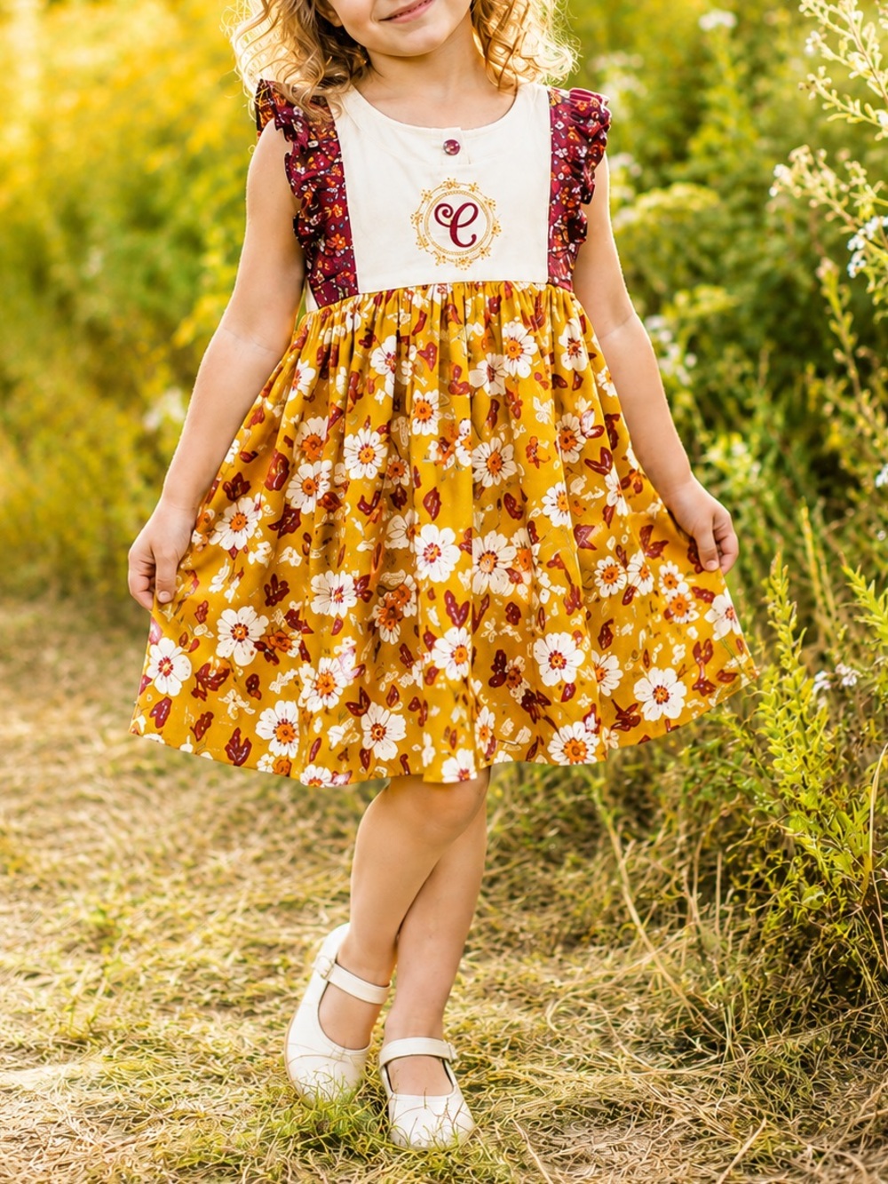 3T Handmade A Stitch of Joy Girls Floral Dress Monogram “C” Mustard Ruffle Sleev
